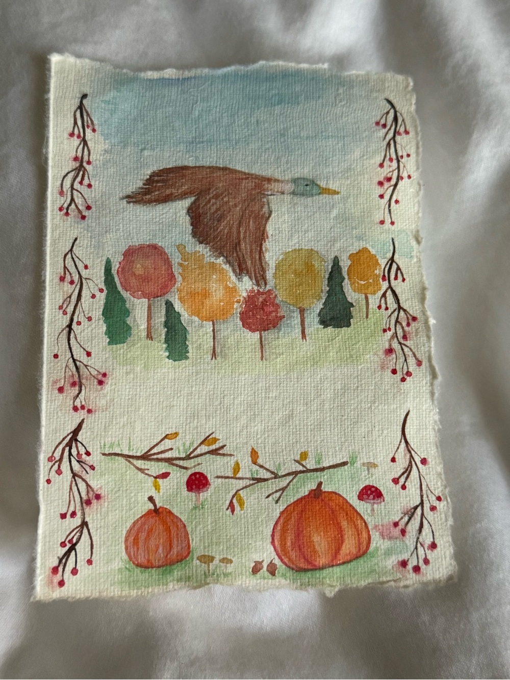 Hand-Painted Autumn Scene - Orange, Brown & Green